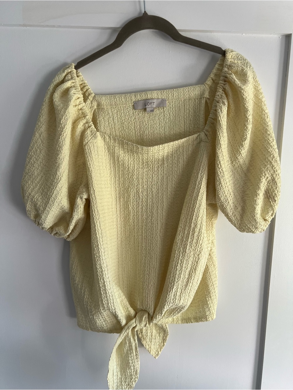 Loft Pale Yellow Puff-Sleeve Tie-Front Top